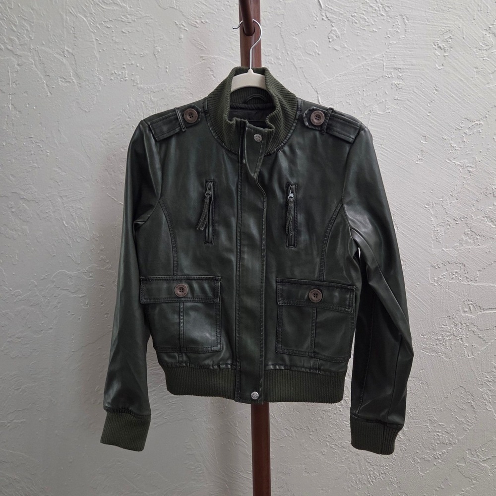 J228. Olive Green Faux‎ Leather Moto Bomber Jacket